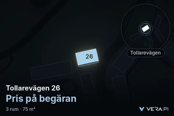VERA PI:s bild av Tollarevägen 26: huset i 3D, upplyst i blått, och kartan runt omkring