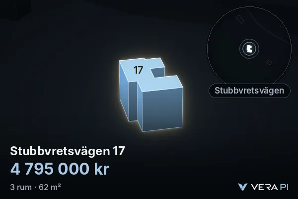 VERA PI:s bild av Stubbvretsvägen 17: huset i 3D, upplyst i blått, och kartan runt omkring
