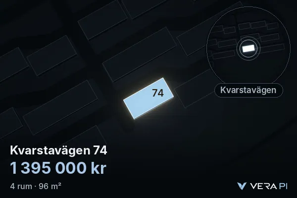 VERA PI:s bild av Kvarstavägen 74: huset i 3D, upplyst i blått, och kartan runt omkring