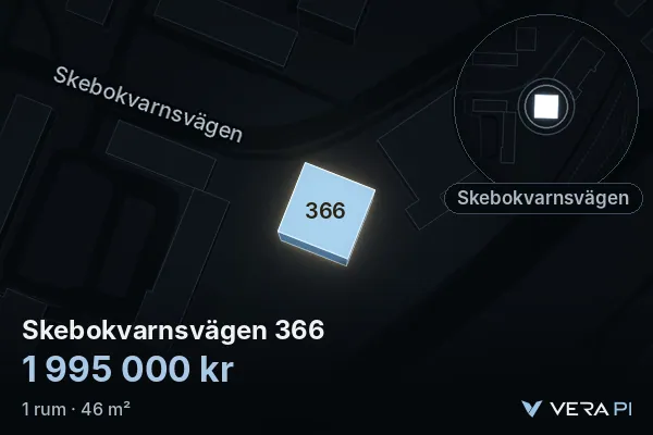 VERA PI:s bild av Skebokvarnsvägen 366: huset i 3D, upplyst i blått, och kartan runt omkring