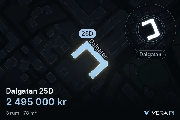 VERA PI's image of Dalgatan 25D: the building in 3D, lit in blue, and the map around it