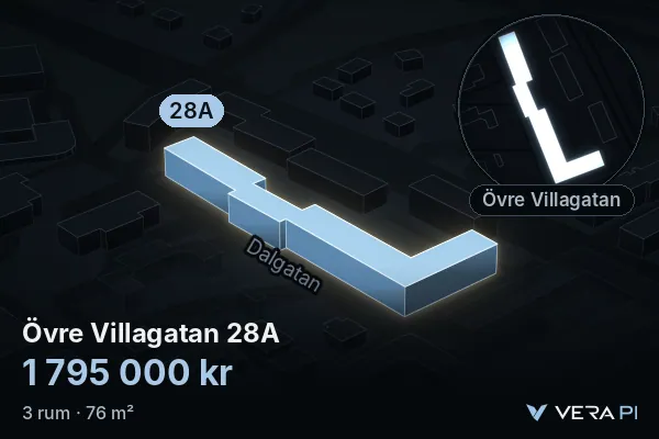 VERA PI's image of Övre Villagatan 28A: the building in 3D, lit in blue, and the map around it
