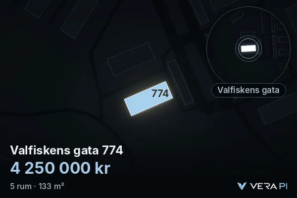 VERA PI:s bild av Valfiskens gata 774: huset i 3D, upplyst i blått, och kartan runt omkring
