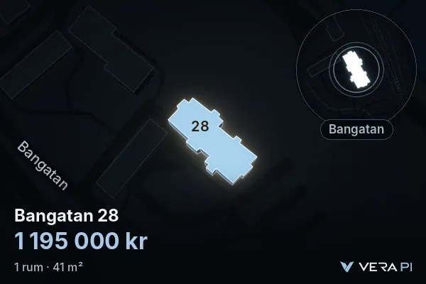 VERA PI's image of Bangatan 28: the building in 3D, lit in blue, and the map around it