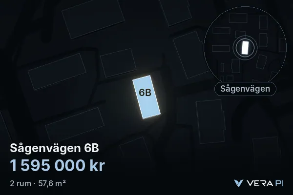 VERA PI's image of Sågenvägen 6B: the building in 3D, lit in blue, and the map around it