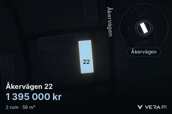 VERA PI:s bild av Åkervägen 22: huset i 3D, upplyst i blått, och kartan runt omkring