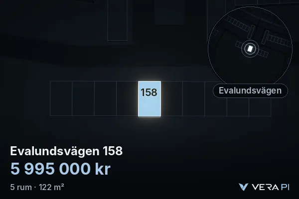 VERA PI:s bild av Evalundsvägen 158: huset i 3D, upplyst i blått, och kartan runt omkring