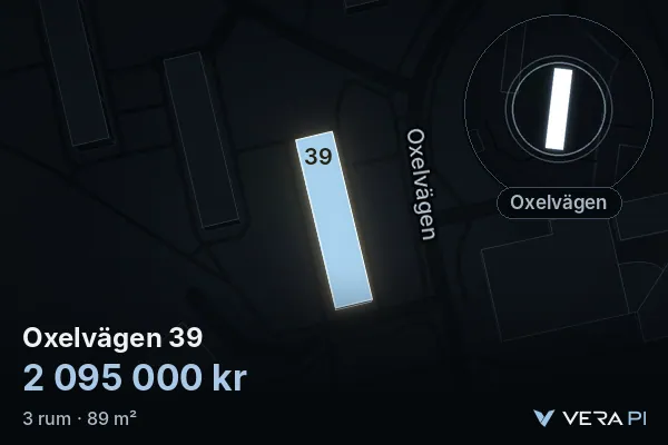 VERA PI:s bild av Oxelvägen 39: huset i 3D, upplyst i blått, och kartan runt omkring