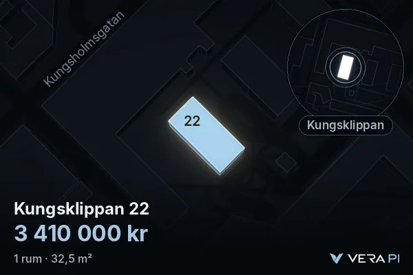 VERA PI:s bild av Kungsklippan 22: huset i 3D, upplyst i blått, och kartan runt omkring