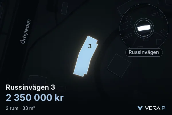 VERA PI's image of Russinvägen 3: the building in 3D, lit in blue, and the map around it