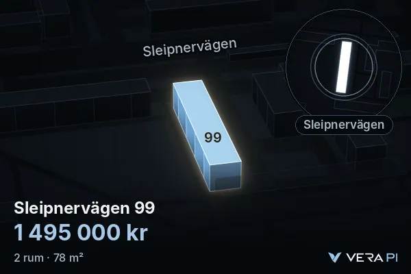 VERA PI:s bild av Sleipnervägen 99: huset i 3D, upplyst i blått, och kartan runt omkring