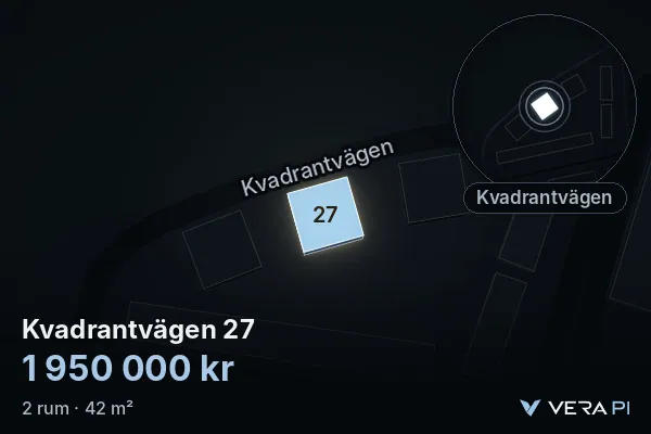 VERA PI:s bild av Kvadrantvägen 27: huset i 3D, upplyst i blått, och kartan runt omkring