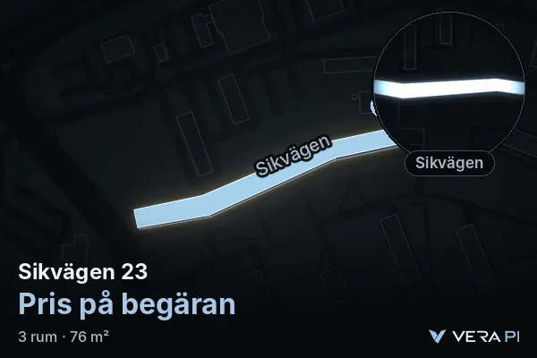VERA PI:s bild av Sikvägen 23: huset i 3D, upplyst i blått, och kartan runt omkring