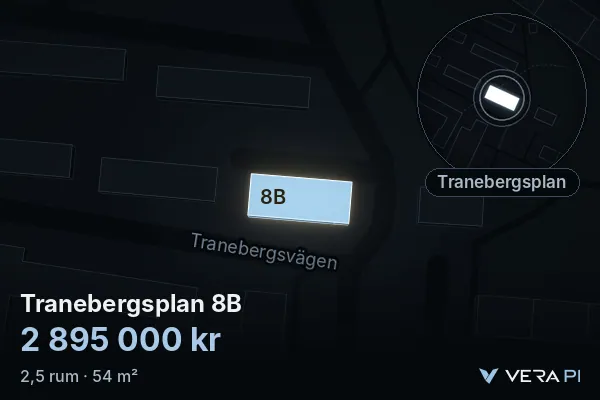 VERA PI:s bild av Tranebergsplan 8B: huset i 3D, upplyst i blått, och kartan runt omkring