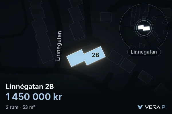 VERA PI's image of Linnégatan 2B: the building in 3D, lit in blue, and the map around it