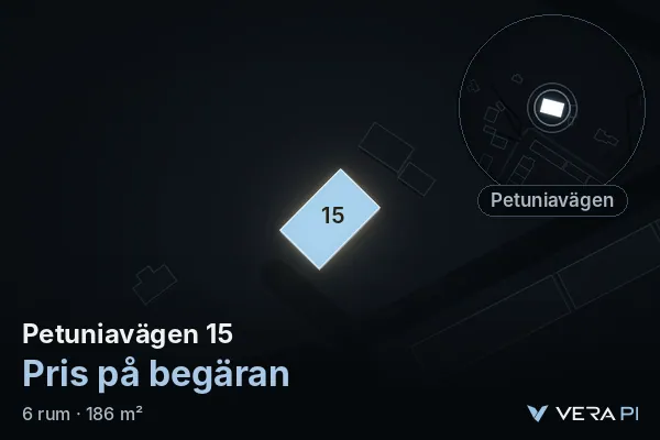 VERA PI:s bild av Petuniavägen 15: huset i 3D, upplyst i blått, och kartan runt omkring