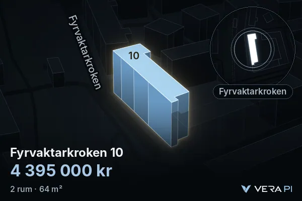 VERA PI:s bild av Fyrvaktarkroken 10: huset i 3D, upplyst i blått, och kartan runt omkring