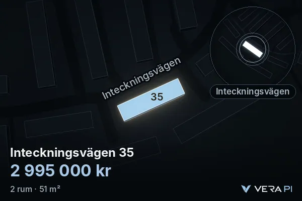 VERA PI:s bild av Inteckningsvägen 35: huset i 3D, upplyst i blått, och kartan runt omkring