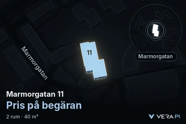 VERA PI:s bild av Marmorgatan 11: huset i 3D, upplyst i blått, och kartan runt omkring