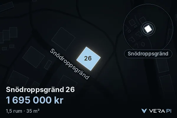 VERA PI:s bild av Snödroppsgränd 26: huset i 3D, upplyst i blått, och kartan runt omkring
