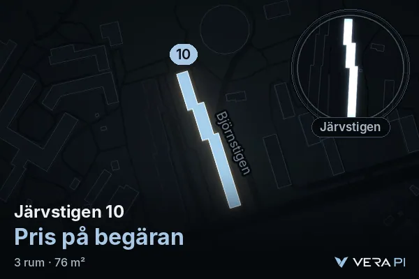 VERA PI's image of Järvstigen 10: the building in 3D, lit in blue, and the map around it