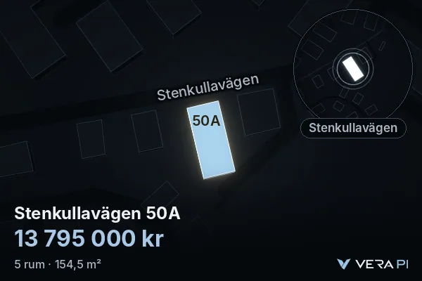 VERA PI:s bild av Stenkullavägen 50A: huset i 3D, upplyst i blått, och kartan runt omkring
