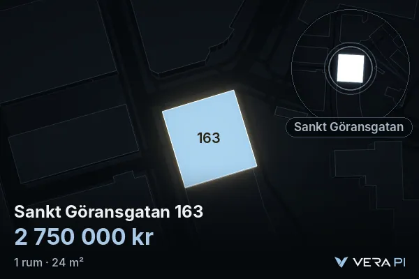 VERA PI:s bild av Sankt Göransgatan 163: huset i 3D, upplyst i blått, och kartan runt omkring