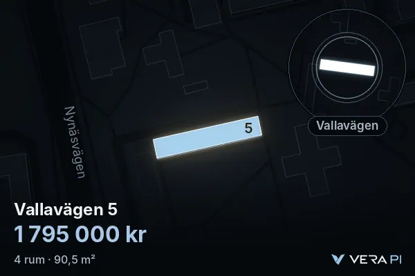 VERA PI's image of Vallavägen 5: the building in 3D, lit in blue, and the map around it