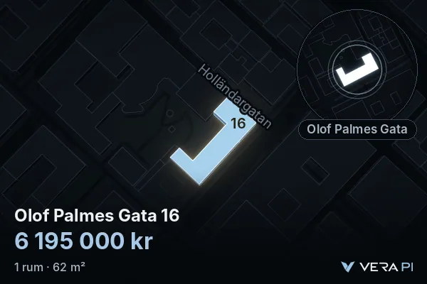 VERA PI:s bild av Olof Palmes Gata 16: huset i 3D, upplyst i blått, och kartan runt omkring