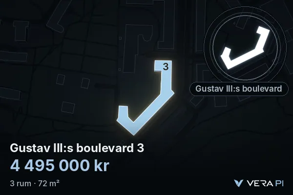 VERA PI's image of Gustav III:s boulevard 3: the building in 3D, lit in blue, and the map around it