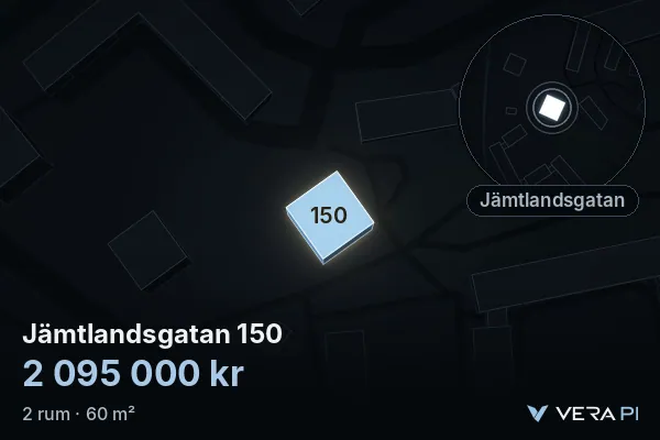 VERA PI:s bild av Jämtlandsgatan 150: huset i 3D, upplyst i blått, och kartan runt omkring
