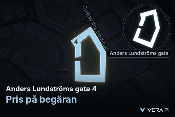 VERA PI's image of Anders Lundströms gata 4: the building in 3D, lit in blue, and the map around it
