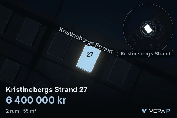 VERA PI:s bild av Kristinebergs Strand 27: huset i 3D, upplyst i blått, och kartan runt omkring