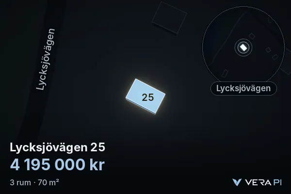 VERA PI:s bild av Lycksjövägen 25: huset i 3D, upplyst i blått, och kartan runt omkring