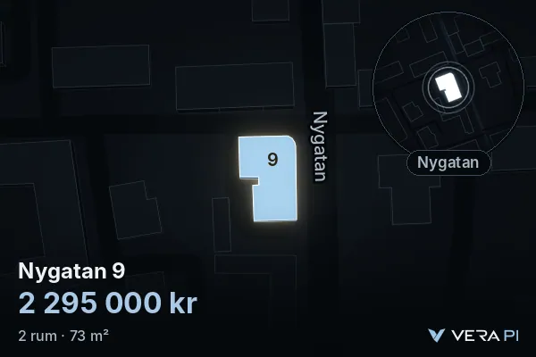 VERA PI's image of Nygatan 9: the building in 3D, lit in blue, and the map around it