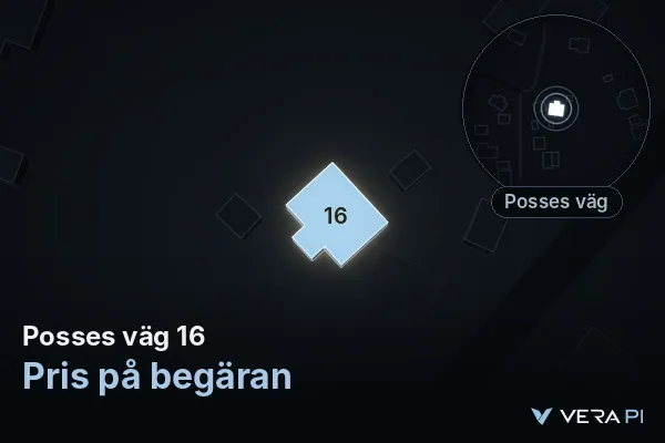 VERA PI's image of Posses väg 16: the building in 3D, lit in blue, and the map around it