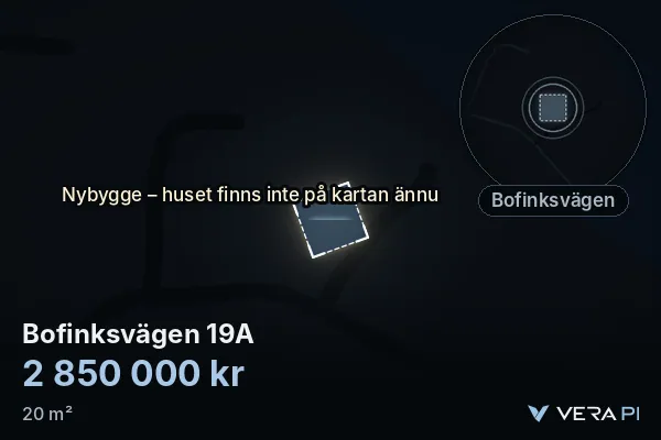 VERA PI's image of Bofinksvägen 19A: the building in 3D, lit in blue, and the map around it