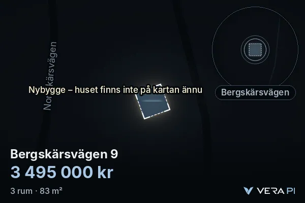 VERA PI:s bild av Bergskärsvägen 9: huset i 3D, upplyst i blått, och kartan runt omkring
