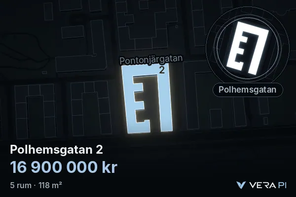 VERA PI:s bild av Polhemsgatan 2: huset i 3D, upplyst i blått, och kartan runt omkring