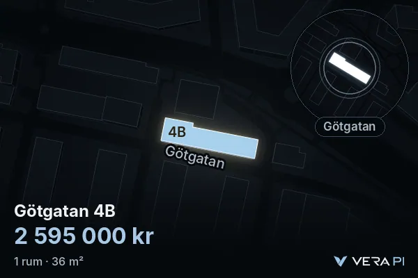 VERA PI:s bild av Götgatan 4B: huset i 3D, upplyst i blått, och kartan runt omkring