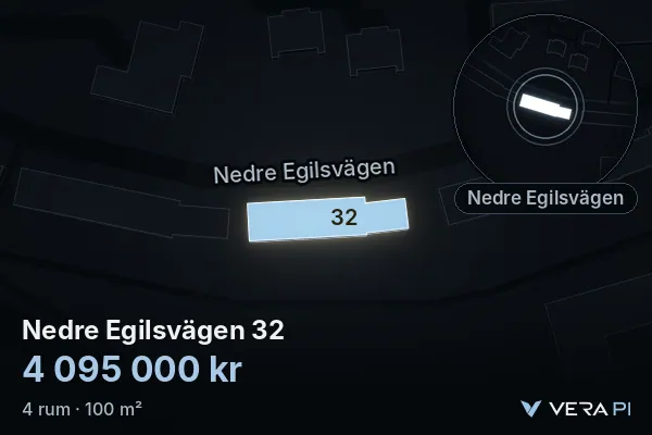 VERA PI's image of Nedre Egilsvägen 32: the building in 3D, lit in blue, and the map around it