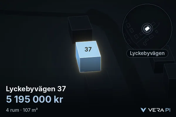 VERA PI:s bild av Lyckebyvägen 37: huset i 3D, upplyst i blått, och kartan runt omkring