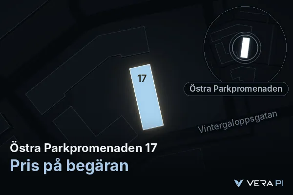 VERA PI:s bild av Östra Parkpromenaden 17: huset i 3D, upplyst i blått, och kartan runt omkring
