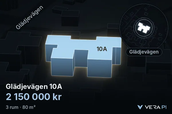 VERA PI:s bild av Glädjevägen 10A: huset i 3D, upplyst i blått, och kartan runt omkring