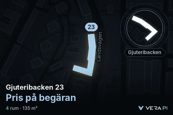 VERA PI:s bild av Gjuteribacken 23: huset i 3D, upplyst i blått, och kartan runt omkring