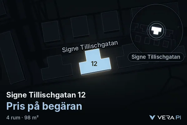 VERA PI's image of Signe Tillischgatan 12: the building in 3D, lit in blue, and the map around it