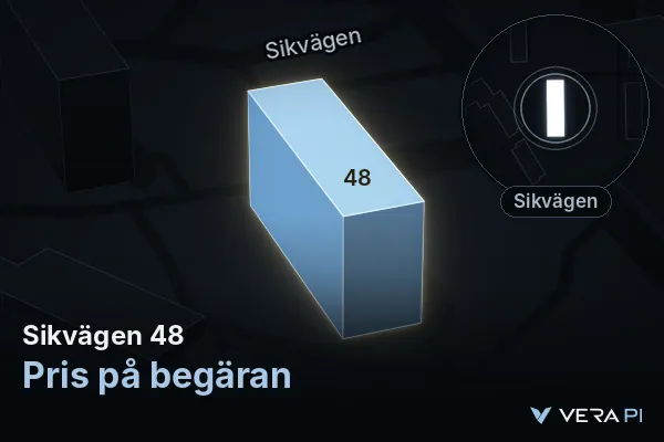 VERA PI:s bild av Sikvägen 48: huset i 3D, upplyst i blått, och kartan runt omkring