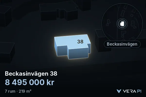 VERA PI's image of Beckasinvägen 38: the building in 3D, lit in blue, and the map around it