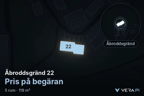 VERA PI:s bild av Åbroddsgränd 22: huset i 3D, upplyst i blått, och kartan runt omkring