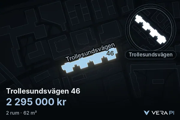 VERA PI:s bild av Trollesundsvägen 46: huset i 3D, upplyst i blått, och kartan runt omkring